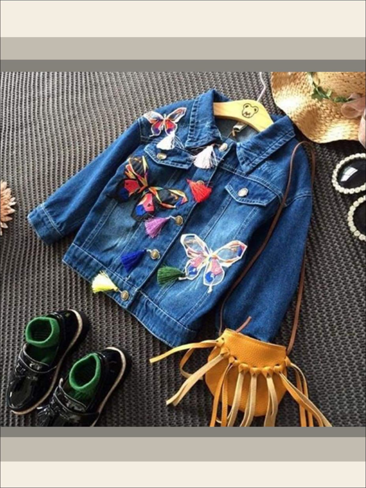 Girls Butterfly Applique Denim Jacket (Dark Blue & Light Blue Denim Options) - Girls Jacket