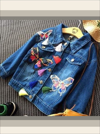 Girls Butterfly Applique Denim Jacket (Dark Blue & Light Blue Denim Options) - denim blue / 2T - Girls Jacket