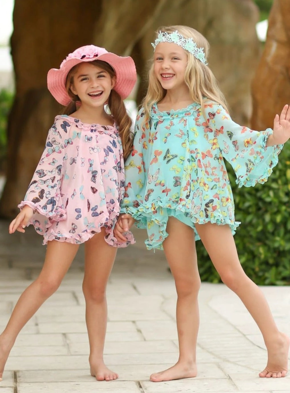 Girls Butterfly Print Skirted Ruffled Side Cut-Out One Piece Swimsuit with Matching Cover Up - Girls One Piece Swimsuit