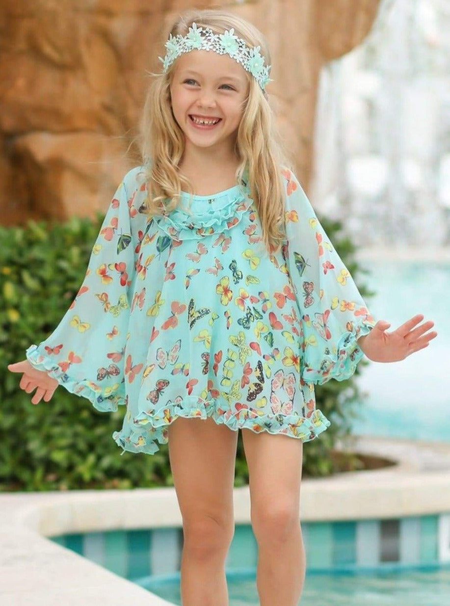 Girls Butterfly Print Skirted Ruffled Side Cut-Out One Piece Swimsuit with Matching Cover Up - Girls One Piece Swimsuit