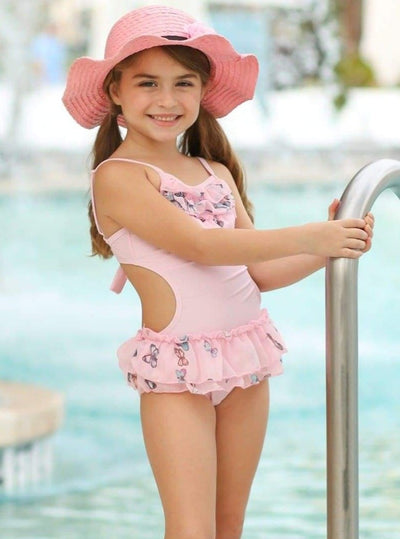 Girls Butterfly Print Skirted Ruffled Side Cut-Out One Piece Swimsuit with Matching Cover Up - Pink / 5Y/6Y - Girls One Piece Swimsuit