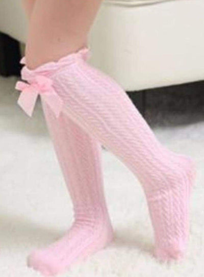 Girls Cable Knit Knee Socks with Bow (6 color options) - Girls Knee Socks