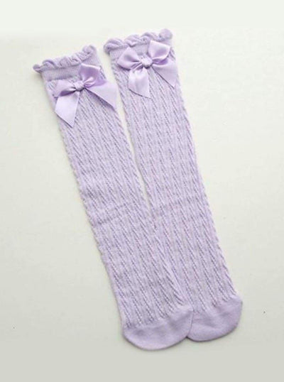 Girls Cable Knit Knee Socks with Bow (6 color options) - Lilac / 2 to 13 years old - Girls Knee Socks