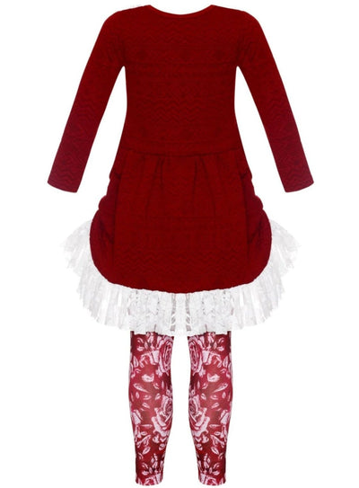 Girls Cable Knit Long Sleeve Hi-Lo Drawstring Lace Tunic & Floral Leggings Set - Girls Fall Casual Set