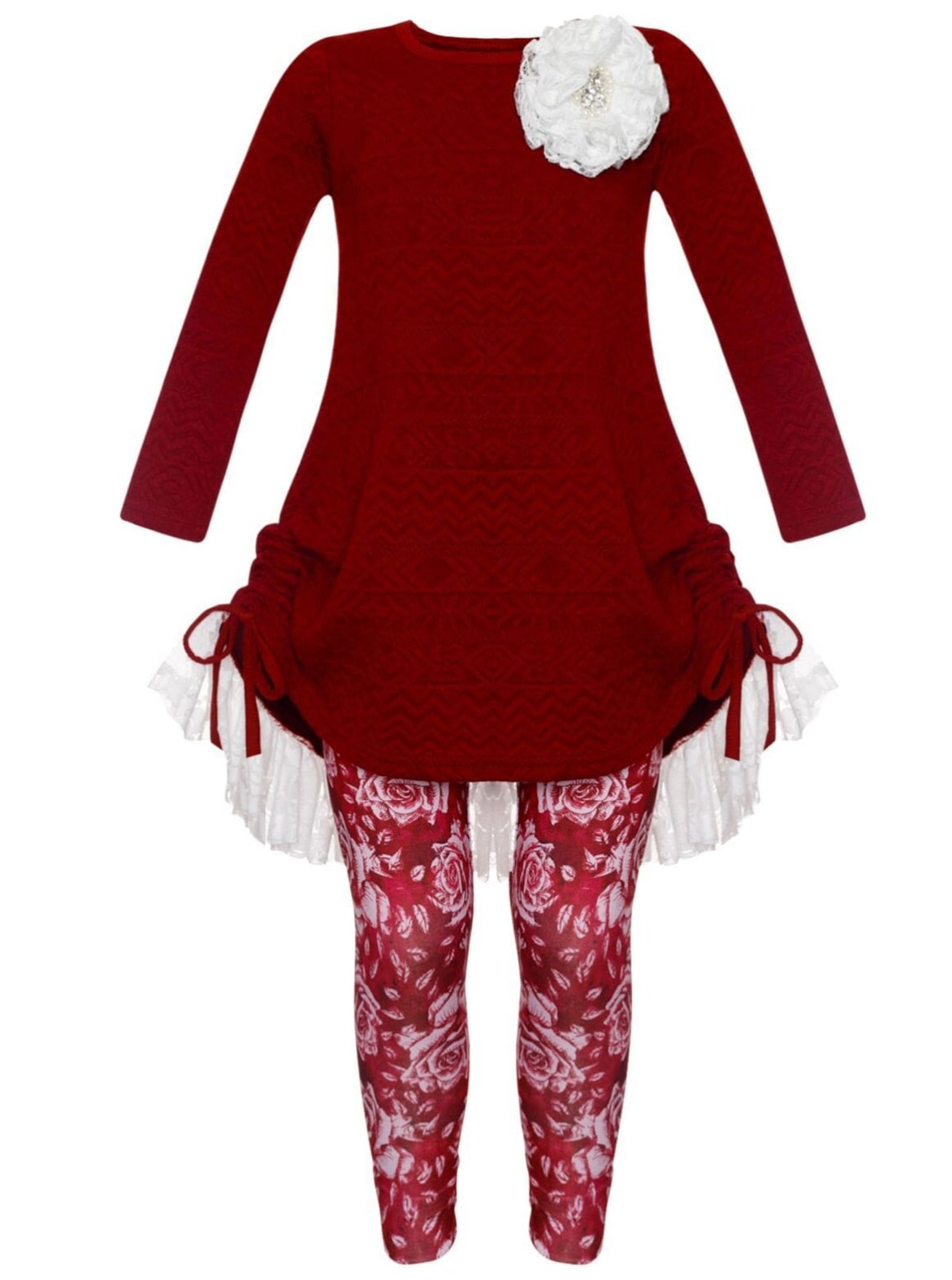 Girls Cable Knit Long Sleeve Hi-Lo Drawstring Lace Tunic & Floral Leggings Set - Burgundy / 2T/3T - Girls Fall Casual Set