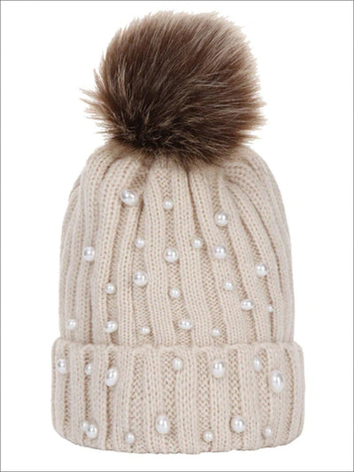 Girls Cable Knit Pearl Embellished Winter Beanie - Beige - Girls Hats