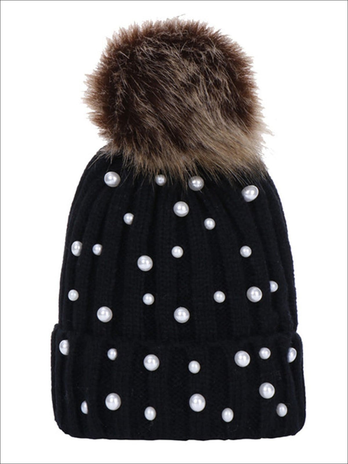 Girls Cable Knit Pearl Embellished Winter Beanie - Black - Girls Hats