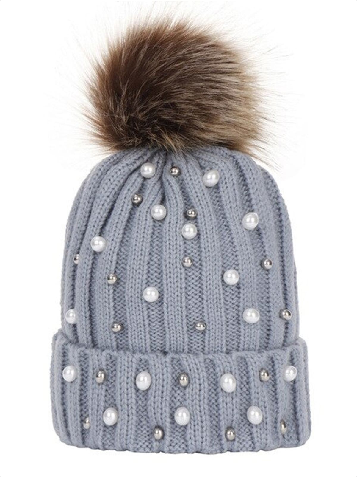 Girls Cable Knit Pearl Embellished Winter Beanie - Gray - Girls Hats