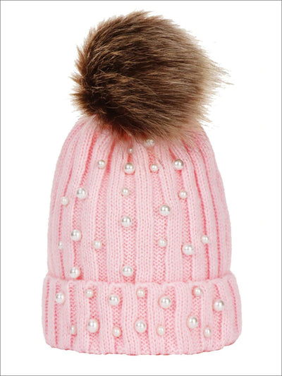 Girls Cable Knit Pearl Embellished Winter Beanie - Pink - Girls Hats