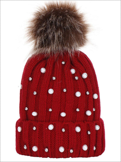 Girls Cable Knit Pearl Embellished Winter Beanie - Red - Girls Hats