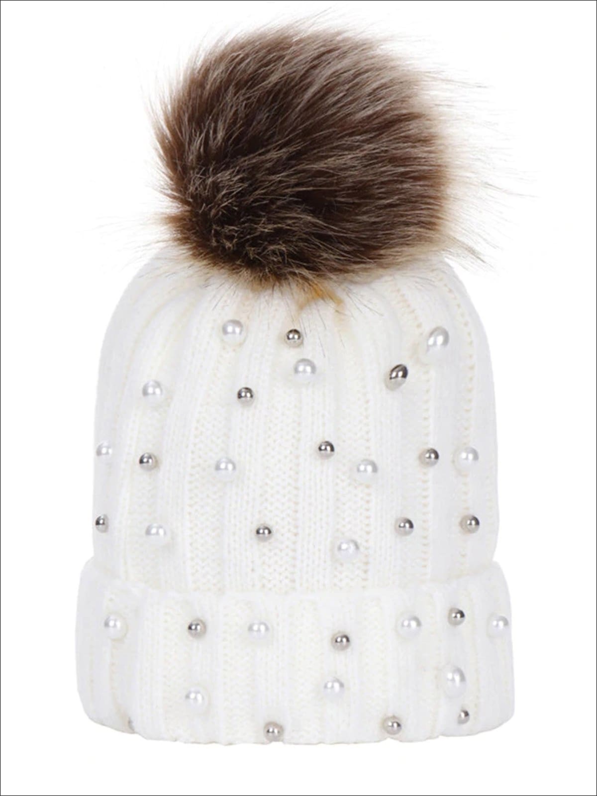 Girls Cable Knit Pearl Embellished Winter Beanie - White - Girls Hats