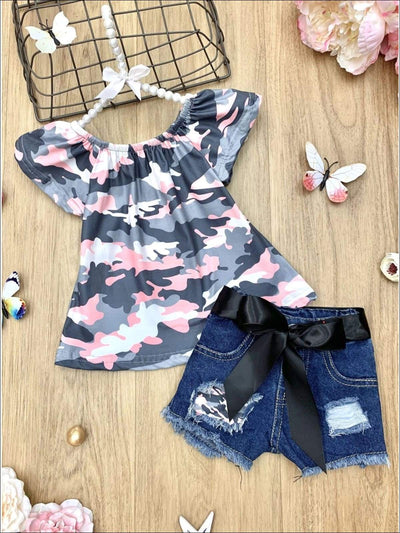 Toddler Spring Outfits | Girls Camouflage Top & Patched Denim Shorts