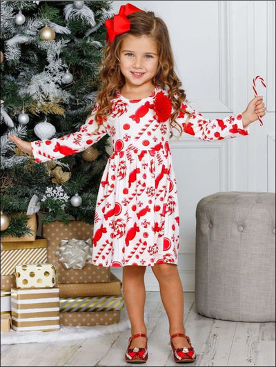 Girls Candy Cane A-Line Long Sleeve Holiday Dress - Girls Christmas Dress