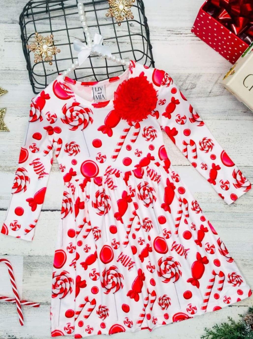 Girls Candy Cane A-Line Long Sleeve Holiday Dress - Red / 2T/3T - Girls Christmas Dress