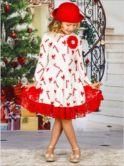 Girls Candy Cane and Bow Print Long Sleeve Lace Insert Pocket Ruffled Dress - Girls Christmas Dress