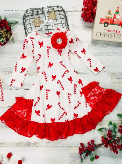Girls Candy Cane and Bow Print Long Sleeve Lace Insert Pocket Ruffled Dress - Creme / 2T/3T - Girls Christmas Dress