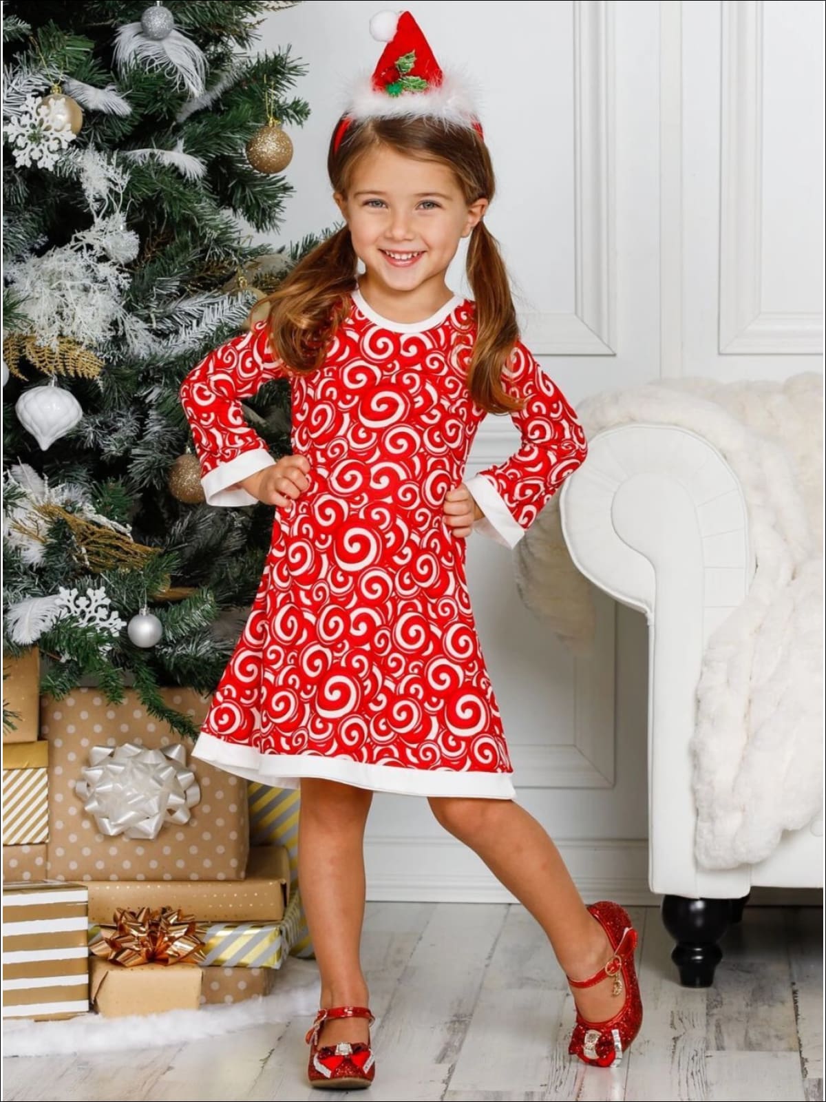 Girls Candy Cane Long Sleeve A-Line Twiggy Dress - Girls Christmas Dress