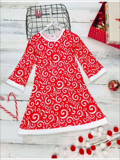 Girls Candy Cane Long Sleeve A-Line Twiggy Dress - Red / 2T/3T - Girls Christmas Dress