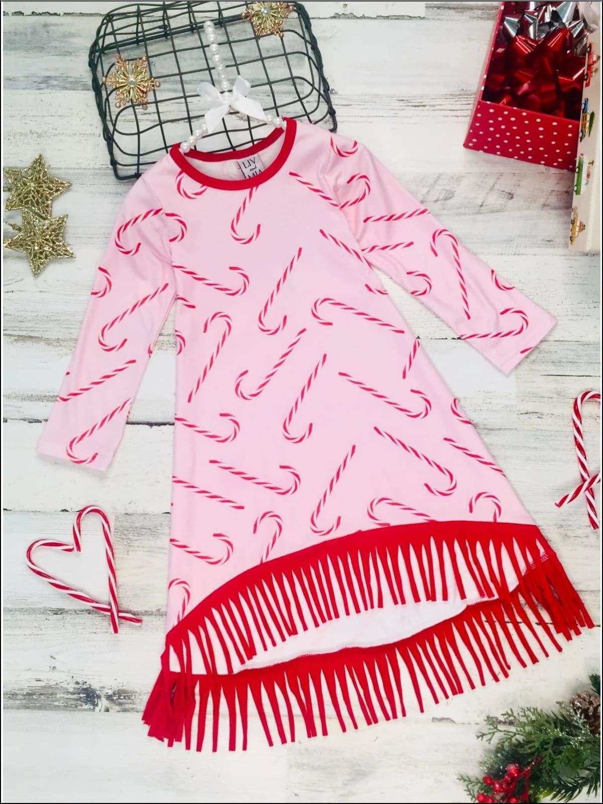 Girls Candy Cane Long Sleeve Fringe Hem Dress - Pink / 2T/3T - Girls Christmas Dress