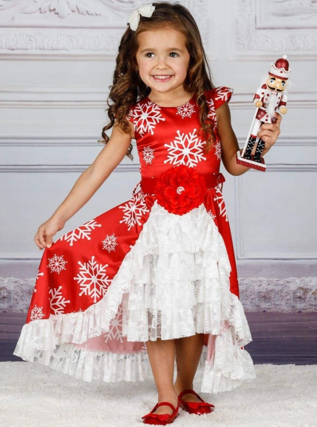Girls Winter Formal Dress | Snowflake Ruffle Lace Hi-Lo Party Dress