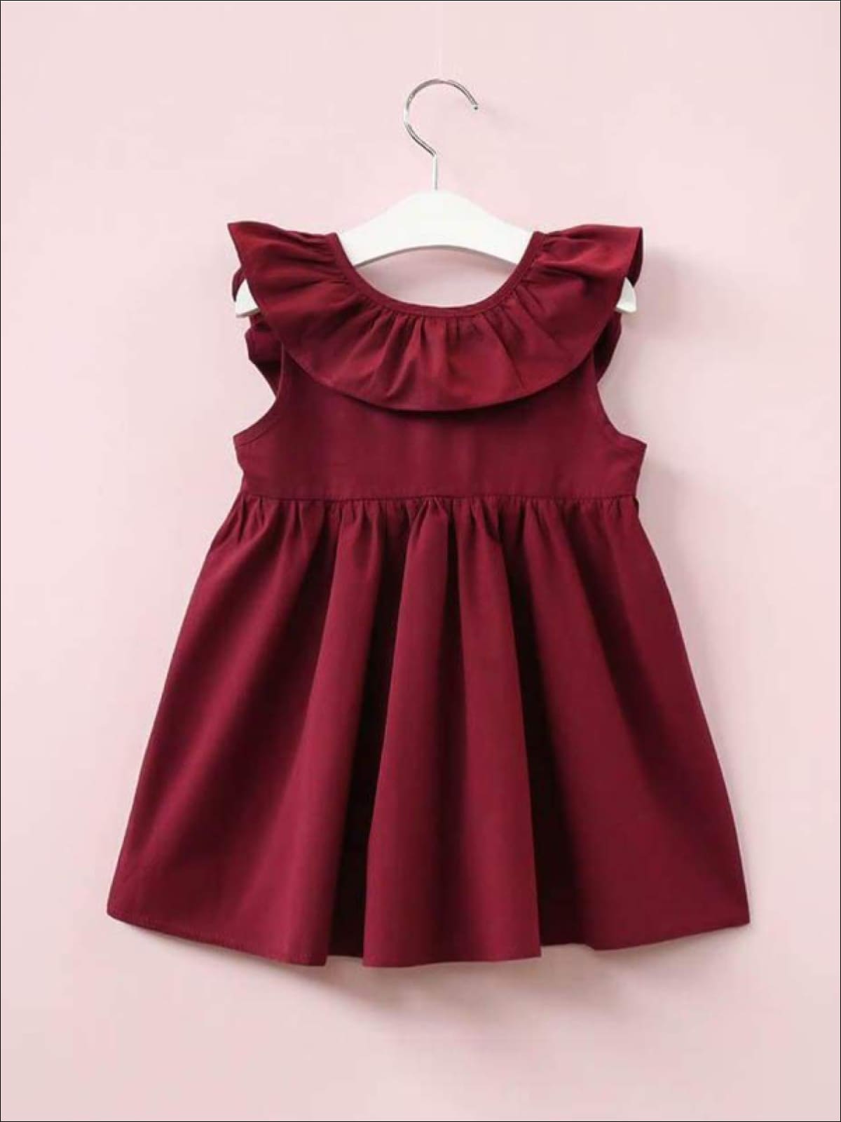 Girls Casual Ruffled Flutter Sleeve Dress with a Bow - Red wine / 2T - Girls Spring Casual Dress