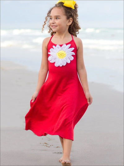 Girls Casual Spring Dress with Spaghetti Straps and Flower Applique - Girls Spring Casual Dress