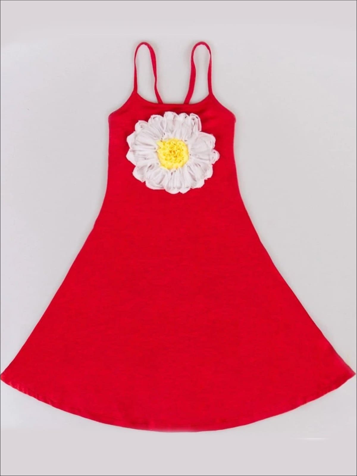 Girls Casual Spring Dress with Spaghetti Straps and Flower Applique - 2T / Red - Girls Spring Casual Dress