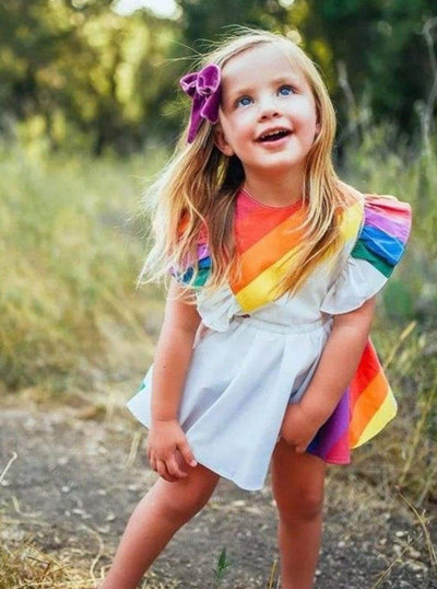Toddler Spring Outfits | Girls Rainbow Flutter Sleeve Apron Dress