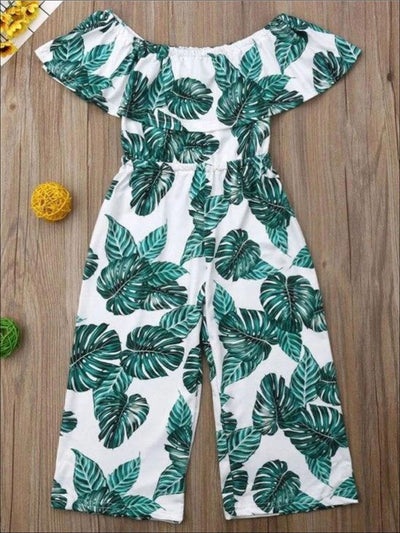 Girls Spring Outfits | Off Shoulder Palm Print Ruffle Bib Jumpsuit