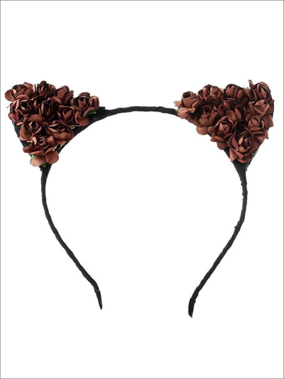 Girls Cat Ears Flower Embellished Headband - Brown - Hair Accessories