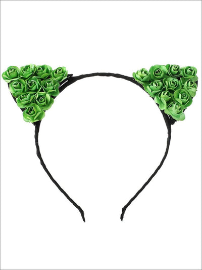Girls Cat Ears Flower Embellished Headband - Green - Hair Accessories