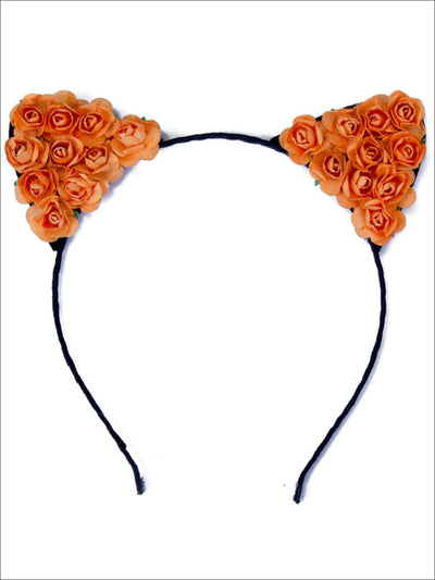 Girls Cat Ears Flower Embellished Headband - Orange - Hair Accessories