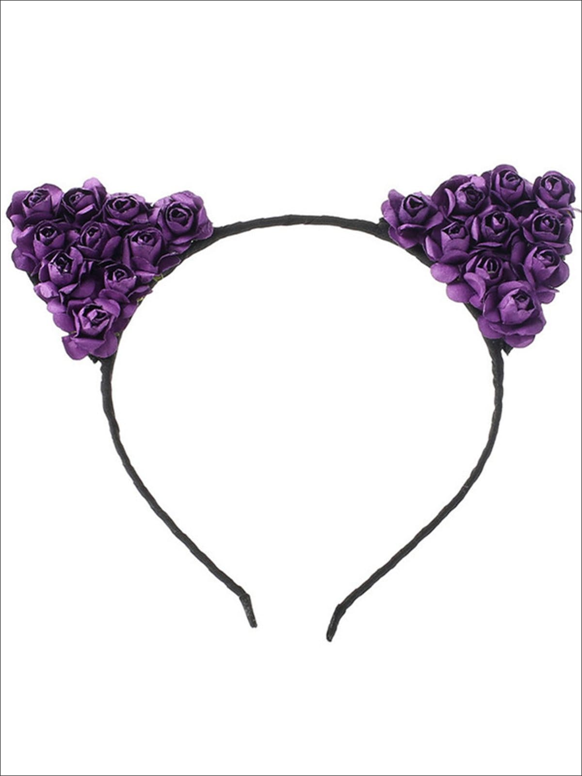 Girls Cat Ears Flower Embellished Headband - Purple - Hair Accessories