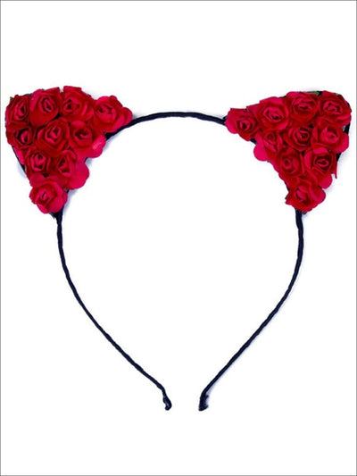 Girls Cat Ears Flower Embellished Headband - Red - Hair Accessories