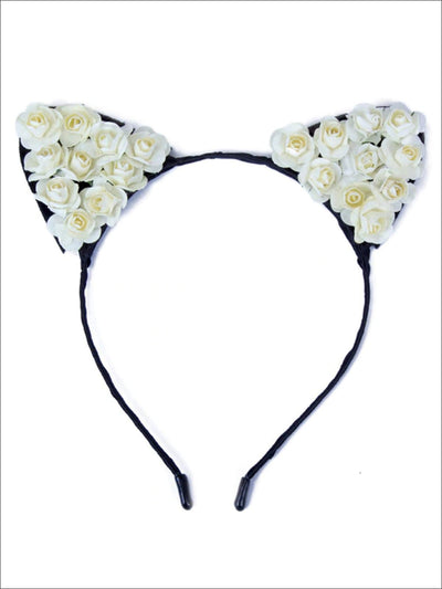 Girls Cat Ears Flower Embellished Headband - White - Hair Accessories