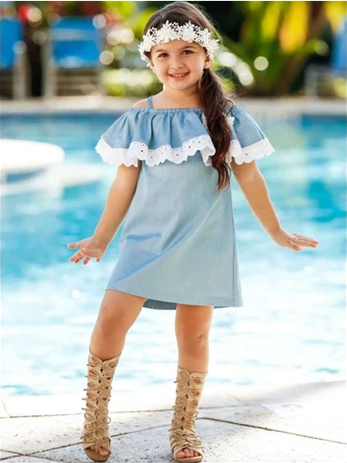 Girls Chambray Lace Ruffle Cold Shoulder Flower Dress - Girls Spring Casual Dress