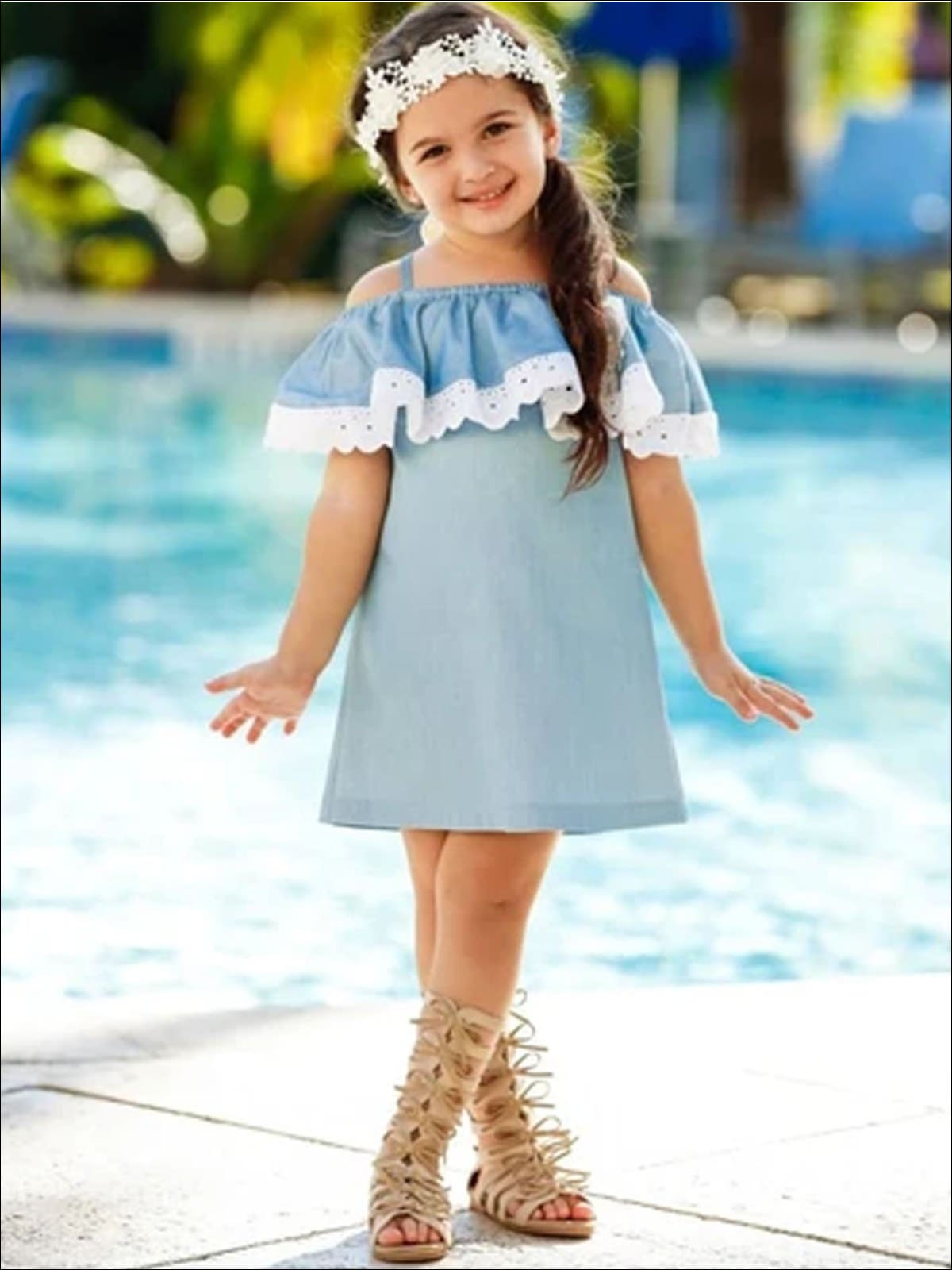 Girls Chambray Lace Ruffle Cold Shoulder Flower Dress - Girls Spring Casual Dress