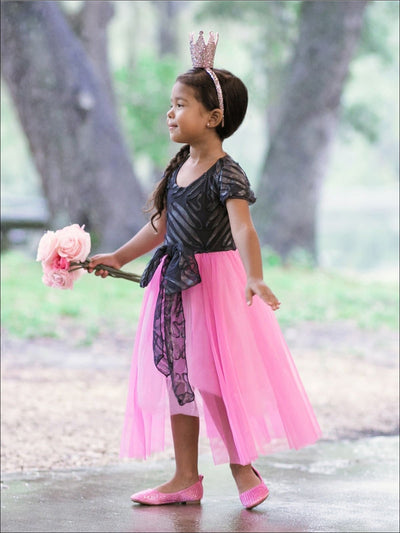 Girls Charcoal & Pink Princess Overlay Dress with Large Bow - Girls Spring Dressy Dress