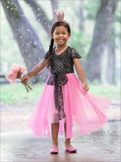 Girls Charcoal & Pink Princess Overlay Dress with Large Bow - Girls Spring Dressy Dress