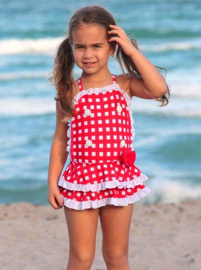 Mia Belle Girls Checkered Ruffled Skirted One Piece Swimsuit
