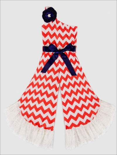 Girls Chevron Print One Shoulder Ruffled Palazzo Jumpsuit - Coral / 2T/3T - Girls Jumpsuit