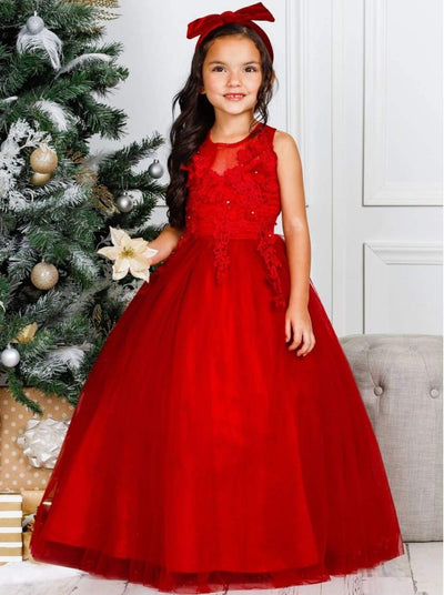Girls Winter Formal Dresses | Sleeveless Embroidered Lace Holiday Gown