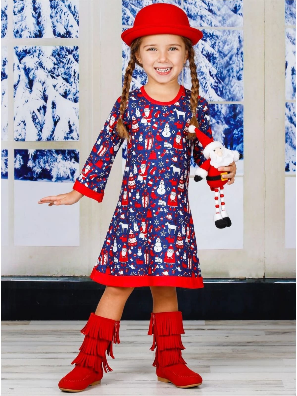 Girls Christmas Print Long Sleeve A-Line Twiggy Dress - Girls Christmas Dress