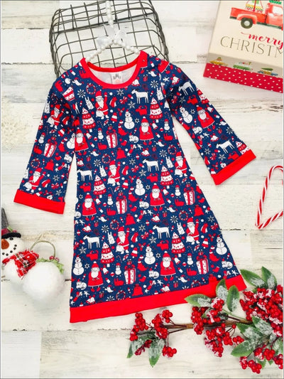 Girls Christmas Print Long Sleeve A-Line Twiggy Dress - Navy / 2T/3T - Girls Christmas Dress