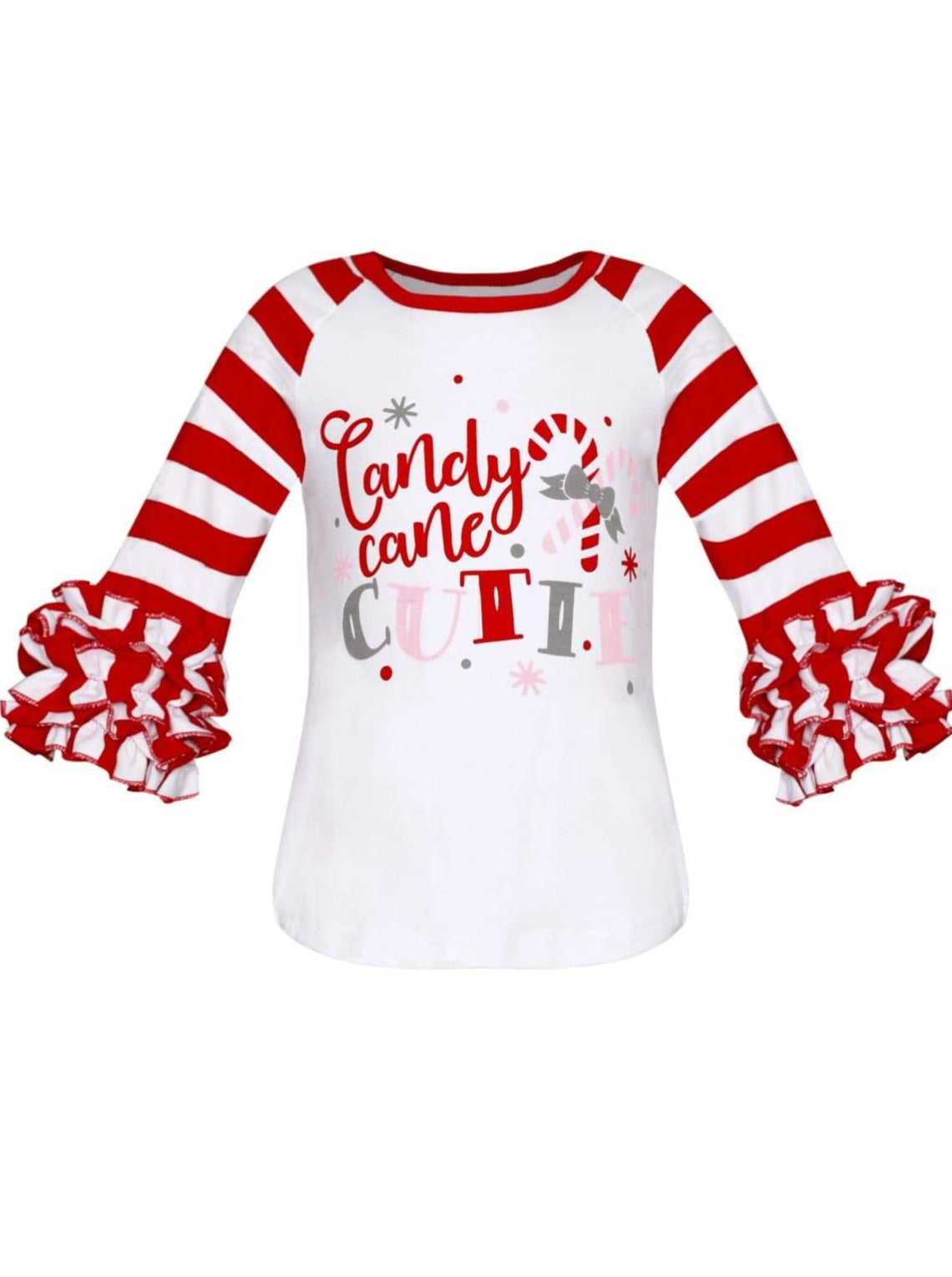 Girls Christmas Themed Candy Cane Cutie Striped Long Ruffled Sleeve Raglan Top - White / XS-2T - Girls Christmas Top