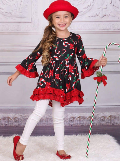 Girls Christmas Themed Candy Cane Print Long Sleeve Crochet Ruffled Tunic - Girls Christmas Top