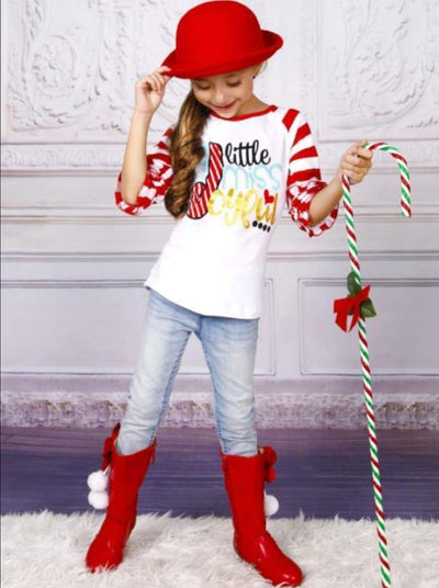 Girls Christmas Themed Little Miss Joyful Candy Cane Striped Long Ruffled Sleeve Raglan Top - White / S-3T - Girls Christmas Top