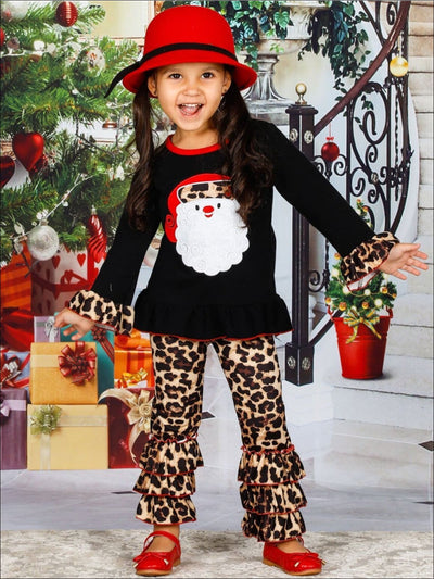 Girls Christmas Themed Long Sleeve Santa Applique Tunic & Ruffled Animal Print Leggings Set - Girls Christmas Set