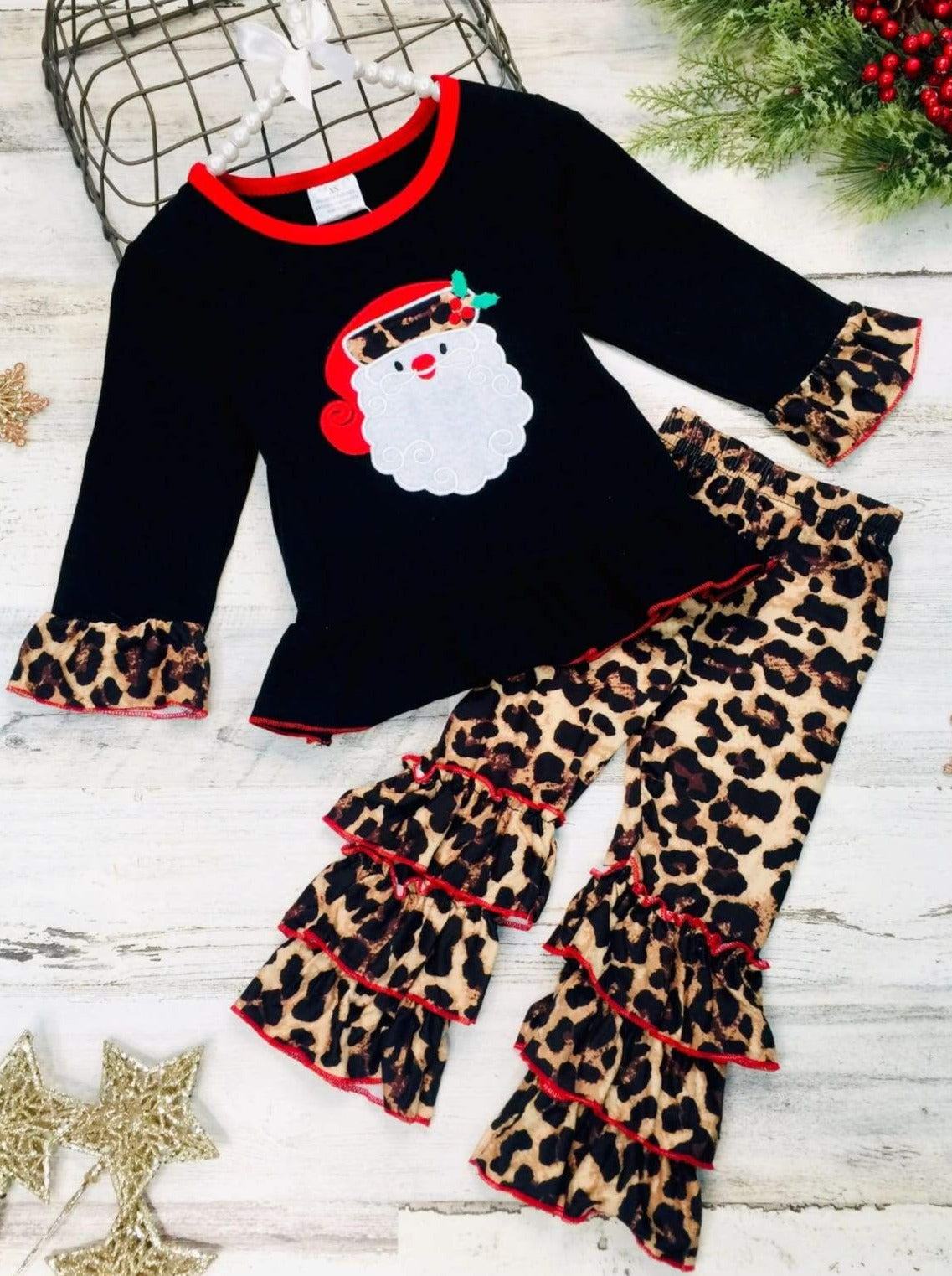 Girls Christmas Themed Long Sleeve Santa Applique Tunic & Ruffled Animal Print Leggings Set - Black / XS-2T - Girls Christmas Set