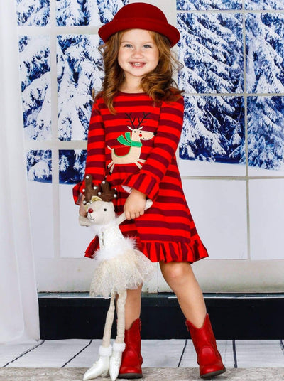 Girls Christmas Themed Long Sleeve Striped Reindeer Ruffled Dress - Girls Christmas Dress